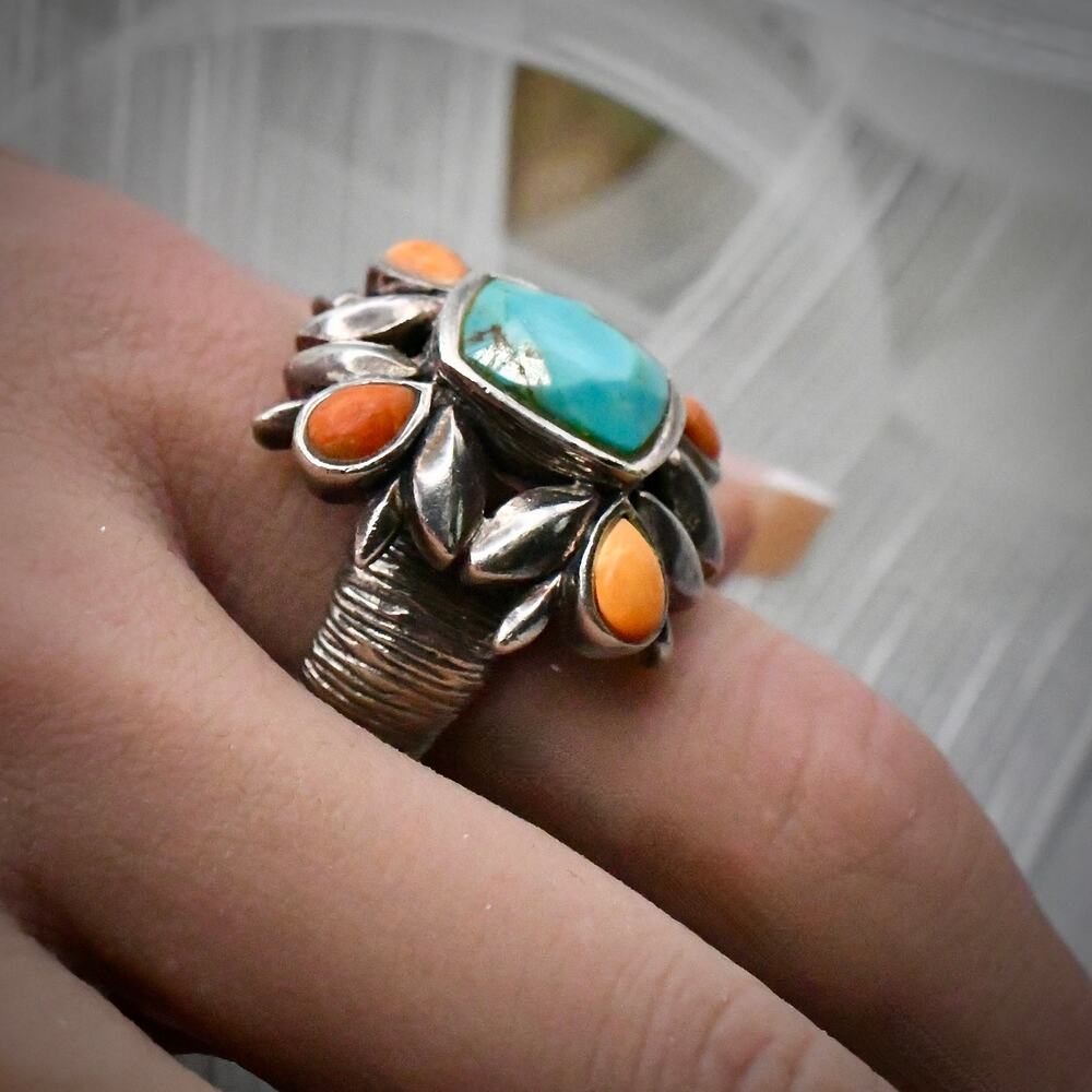 Vintage Studio Barse 925 Sterling Silver Turquoise Coral Statement Ring 18.85g - Picture 2 of 11